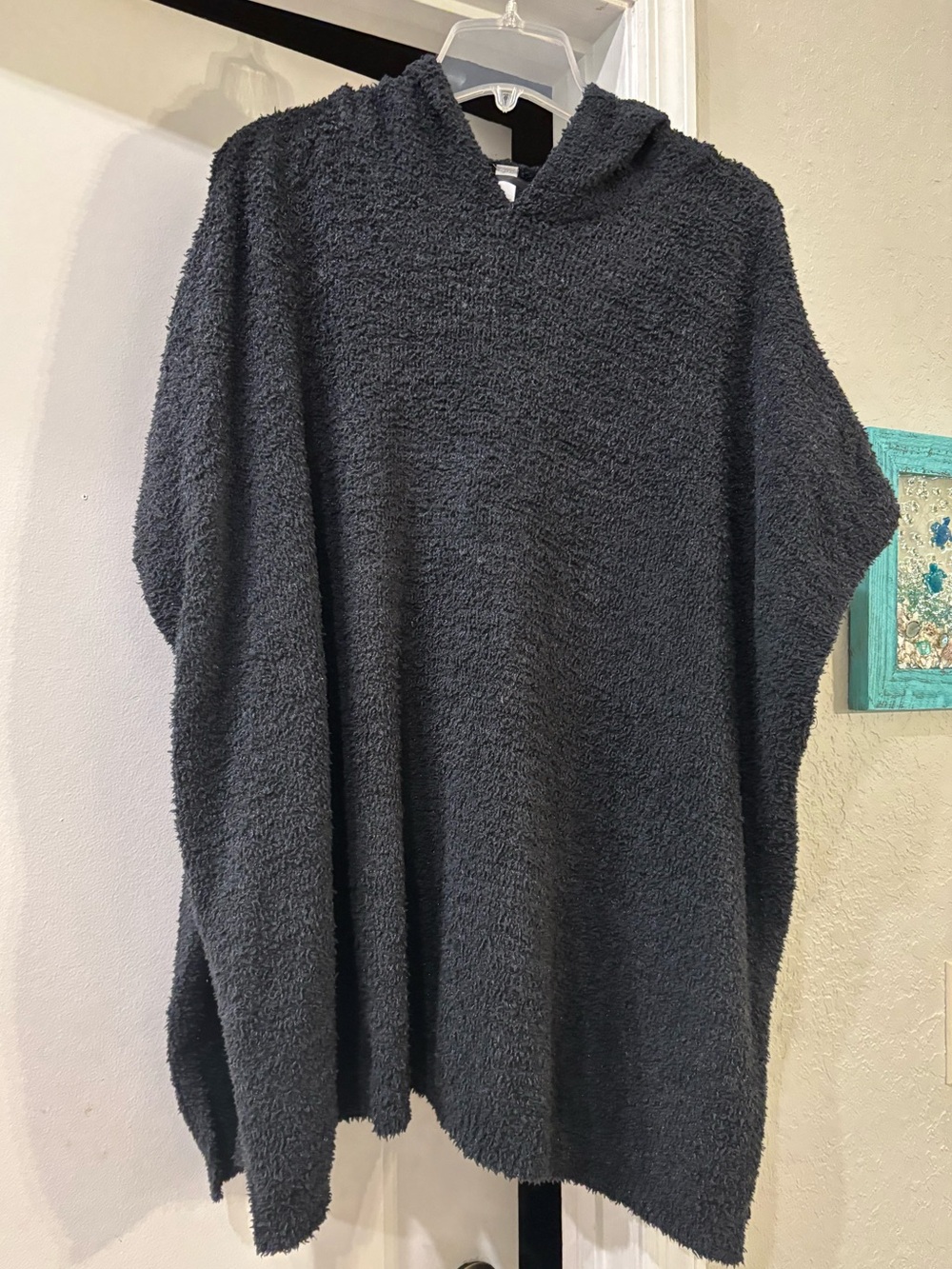 Jenni Charcoal Hooded Plush Poncho Sweater - One Size - Side Slits